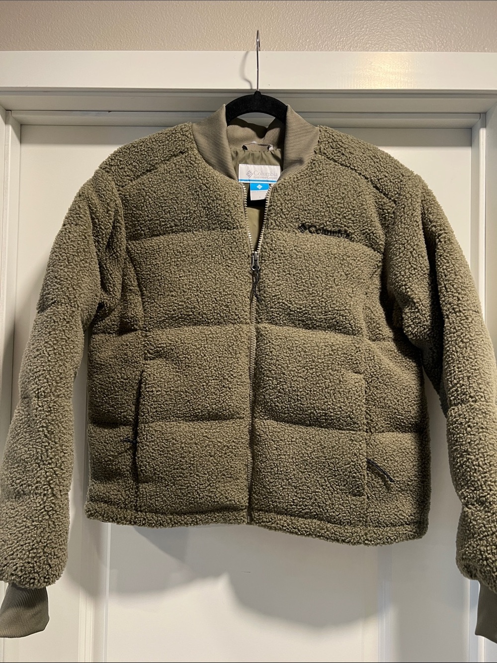 Columbia Puffect Novelty Sherpa Fleece Puffer Jacket Stone Green NWOT S